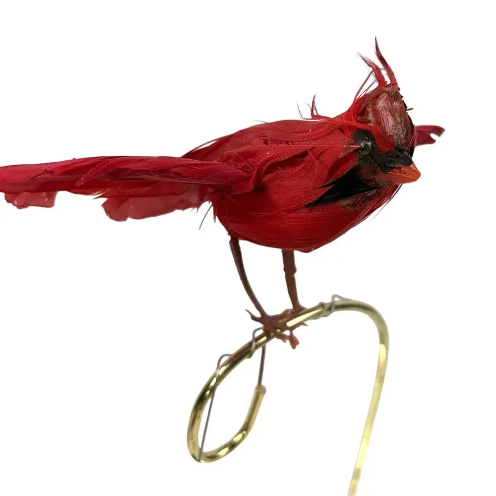 Vtg Lot 7 Flocked Feather Cardinal Birds Wired Feet Clip Christmas Tree Ornament